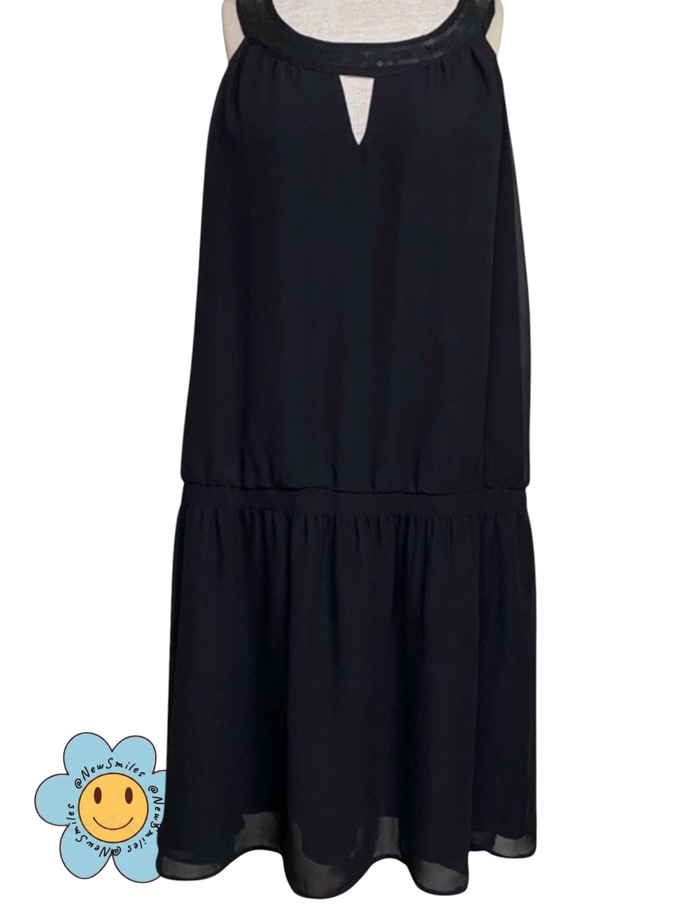 Merona ~ Eloquent Dress ~ Black ~ Midi Keyhole in Front ~ Midi ~ Sequined Collar
